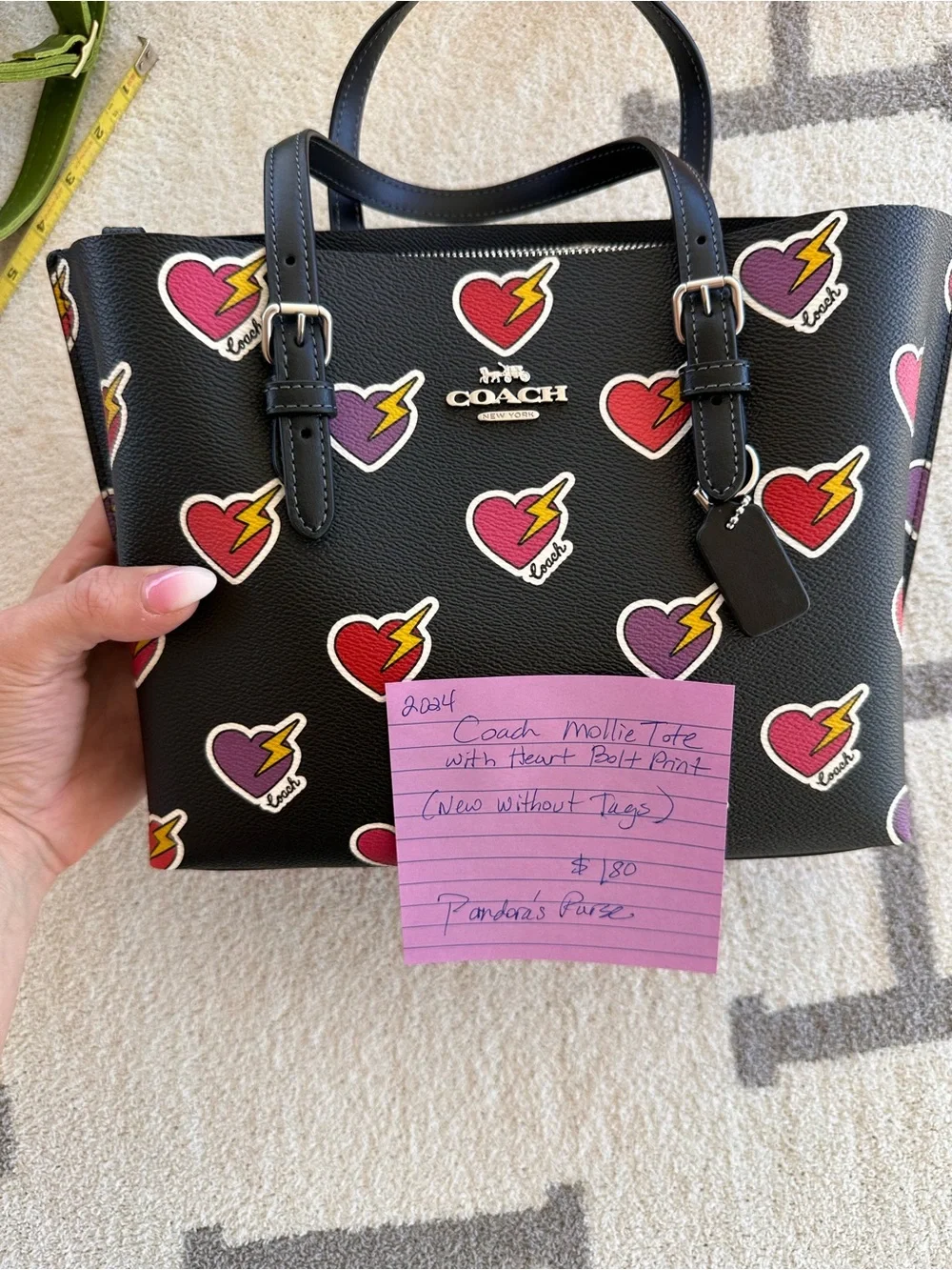 Coach Black Leather Tote with Colorful Heart & Lightning Motif